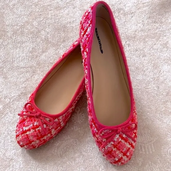 Brand New Ann Taylor Pink Tweed Ballet Flats Bow 1/2&quot; Heel Padded Footbed