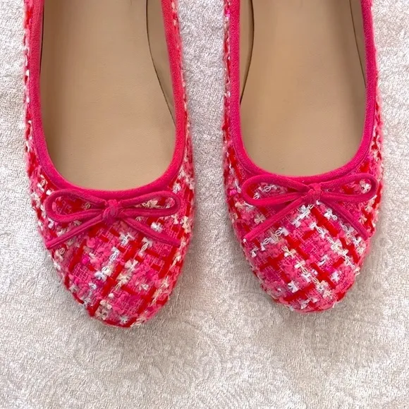 Brand New Ann Taylor Pink Tweed Ballet Flats Bow 1/2&quot; Heel Padded Footbed