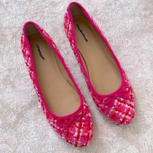 Brand New Ann Taylor Pink Tweed Ballet Flats Bow 1/2&quot; Heel Padded Footbed