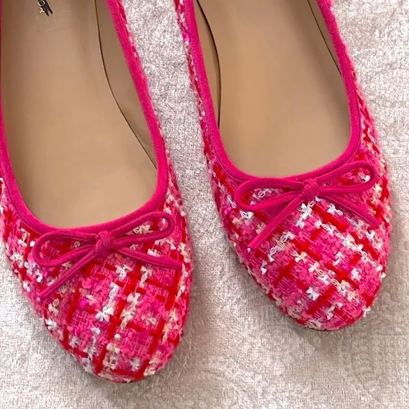 Brand New Ann Taylor Pink Tweed Ballet Flats Bow 1/2&quot; Heel Padded Footbed