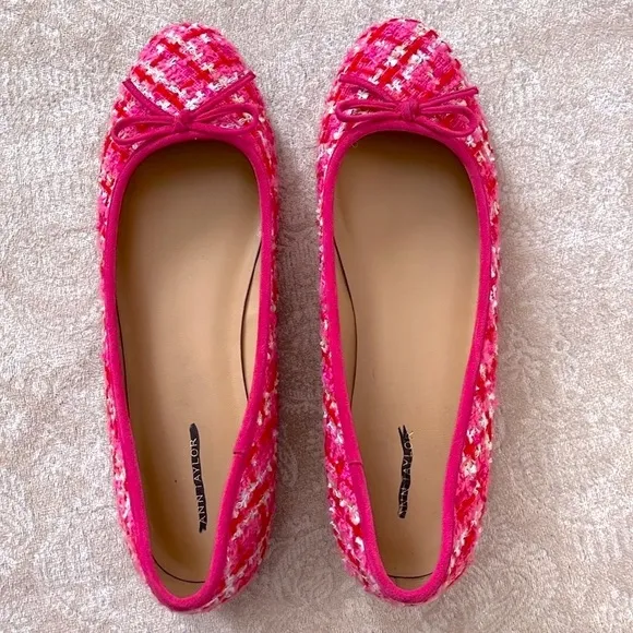 Brand New Ann Taylor Pink Tweed Ballet Flats Bow 1/2&quot; Heel Padded Footbed