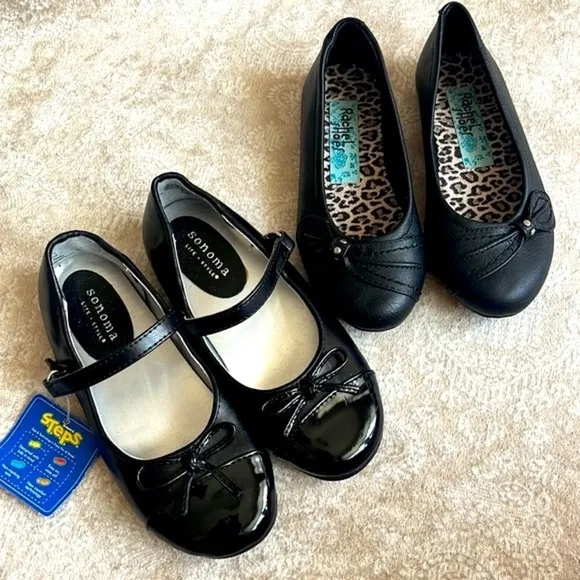 Brand New Set of 2 Pairs of Black Flats Toddler Girls Mary Jane Slip On Shoes