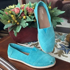 Brand New Toms Genuine Suede Teal Espadrille Slip On Flats Casual Alpargata Shoe