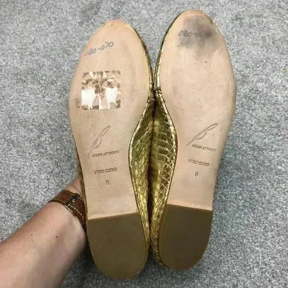 Brian Atwood Flats Gold Snake Skin Loafers Metallic Slip On Sz 8 Excellent
