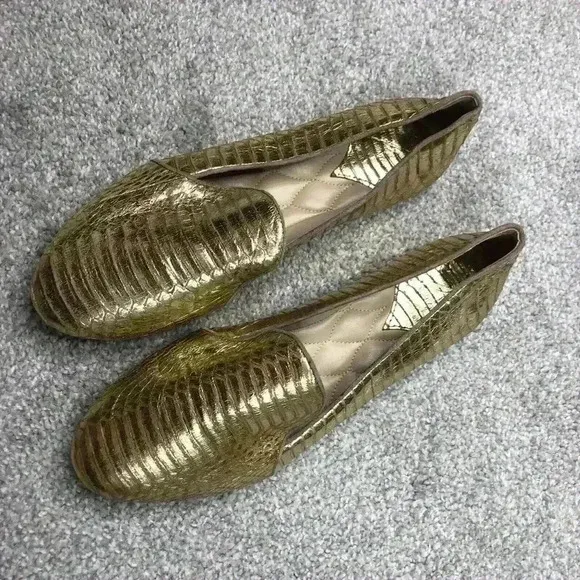 Brian Atwood Flats Gold Snake Skin Loafers Metallic Slip On Sz 8 Excellent