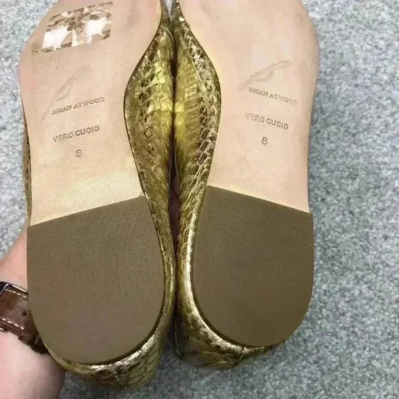 Brian Atwood Flats Gold Snake Skin Loafers Metallic Slip On Sz 8 Excellent