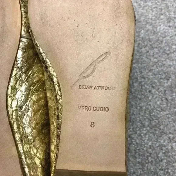 Brian Atwood Flats Gold Snake Skin Loafers Metallic Slip On Sz 8 Excellent