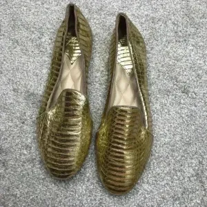 Brian Atwood Flats Gold Snake Skin Loafers Metallic Slip On Sz 8 Excellent