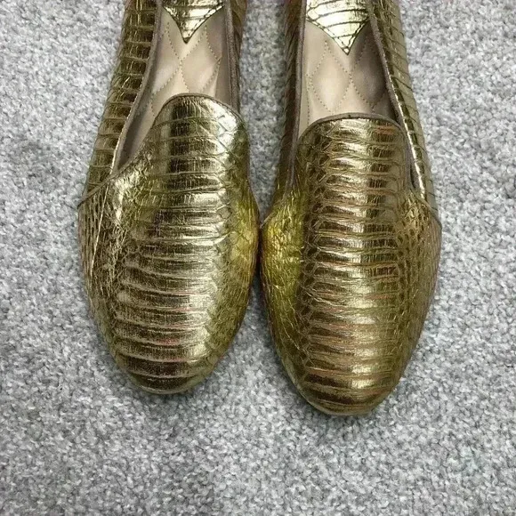 Brian Atwood Flats Gold Snake Skin Loafers Metallic Slip On Sz 8 Excellent