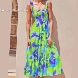 Bright Neon Floral Abstract Tie Shoulder Smocked Bodice Tiered Maxi Summer Dress