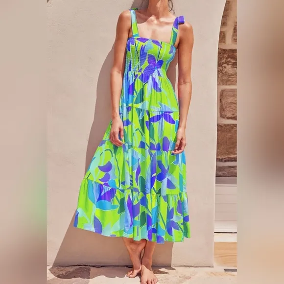 Bright Neon Floral Abstract Tie Shoulder Smocked Bodice Tiered Maxi Summer Dress