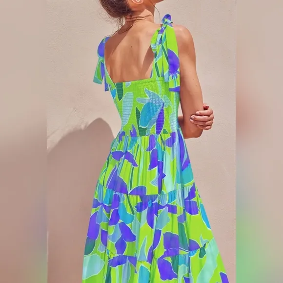 Bright Neon Floral Abstract Tie Shoulder Smocked Bodice Tiered Maxi Summer Dress