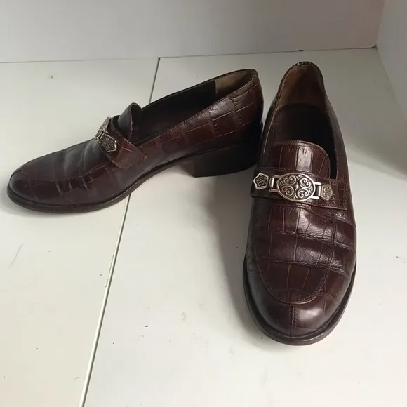 Brighton Leather Crocodile Embossed Silver Hardware Slip On Flats Size 8