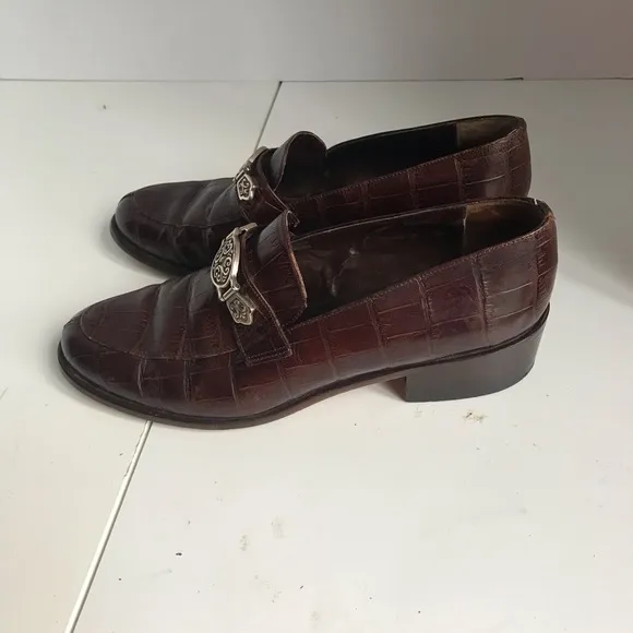 Brighton Leather Crocodile Embossed Silver Hardware Slip On Flats Size 8