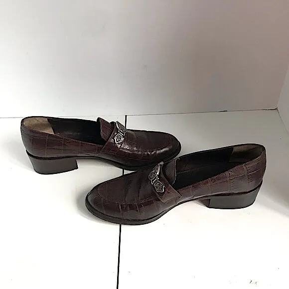 Brighton Leather Crocodile Embossed Silver Hardware Slip On Flats Size 8