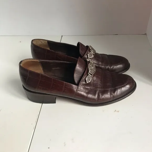 Brighton Leather Crocodile Embossed Silver Hardware Slip On Flats Size 8
