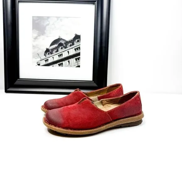 Børn Women’s Suede Leather Slip-On Flats Walking Shoes - Red - Size 7.5