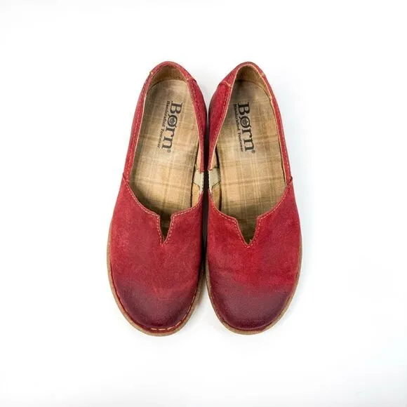 Børn Women’s Suede Leather Slip-On Flats Walking Shoes - Red - Size 7.5