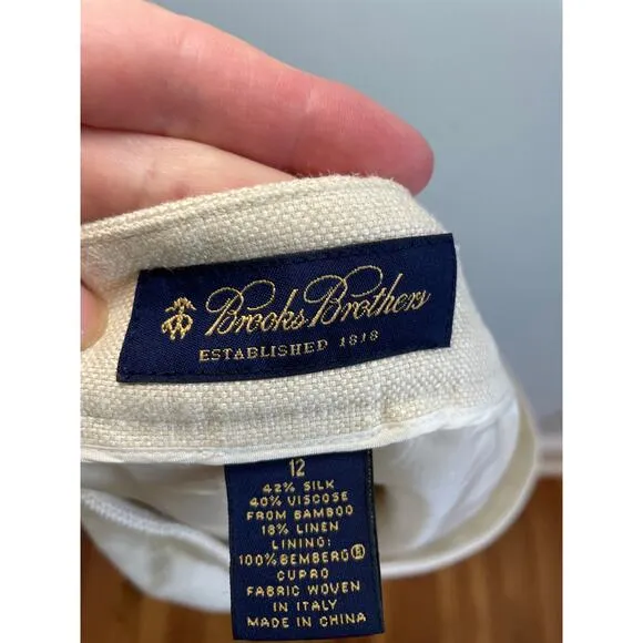 Brooks Brothers Pleated Skirt Women’s 12 Cream Linen Blend Lined Classic Chic