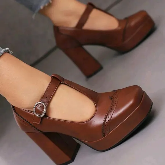 Brown Mary Jane Platform Block Heel Women's Shoes