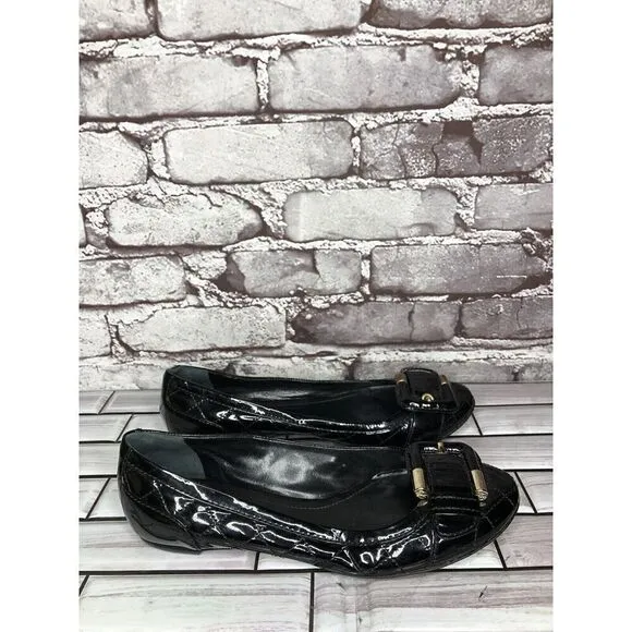 Burberry Black Patent Leather Quilted Buckle Strap Ballet Flats Women Sz 36EU/6M