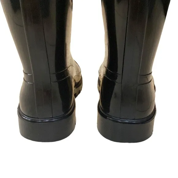 BURBERRY Rubber Printed Rain Boots Sz 35  Knee-High Boots Black Round-Toes