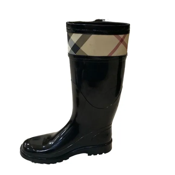 BURBERRY Rubber Printed Rain Boots Sz 35  Knee-High Boots Black Round-Toes