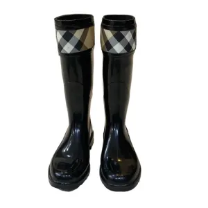 BURBERRY Rubber Printed Rain Boots Sz 35  Knee-High Boots Black Round-Toes
