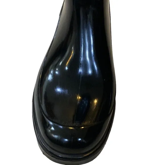 BURBERRY Rubber Printed Rain Boots Sz 35  Knee-High Boots Black Round-Toes