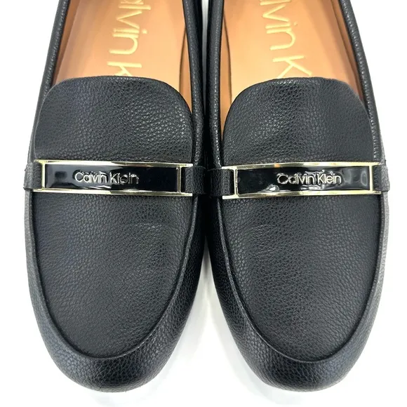 CALVIN &quot;LIRA&quot; KLEIN BLACK PEBBLED FAUX LEATHER ROUNDED TOE SLIP-ON FLAT LOAFER🆕