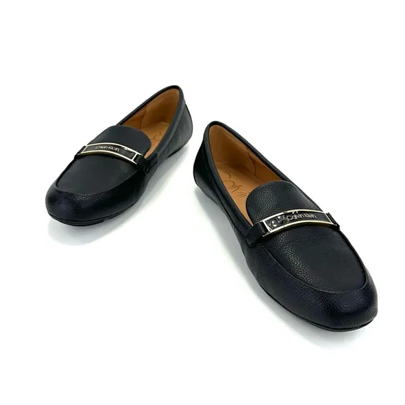 CALVIN &quot;LIRA&quot; KLEIN BLACK PEBBLED FAUX LEATHER ROUNDED TOE SLIP-ON FLAT LOAFER🆕
