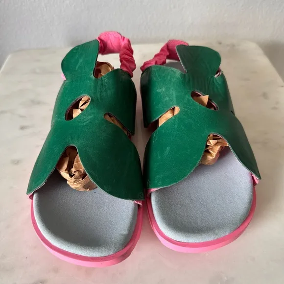 Camper Brutus SandalGreen and pink Leather flower petals sling back 36 / 3.5