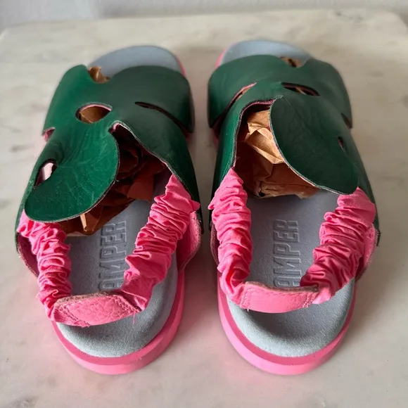 Camper Brutus SandalGreen and pink Leather flower petals sling back 36 / 3.5