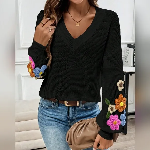 Casual V-Neck Crochet Lantern Sleeve Pullover Sweater For Women