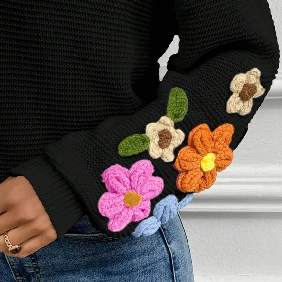 Casual V-Neck Crochet Lantern Sleeve Pullover Sweater For Women
