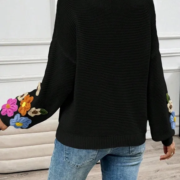 Casual V-Neck Crochet Lantern Sleeve Pullover Sweater For Women