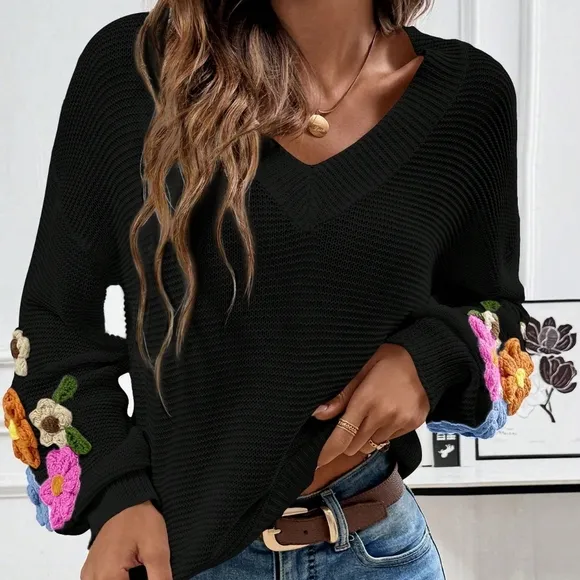 Casual V-Neck Crochet Lantern Sleeve Pullover Sweater For Women