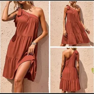 Casual Dress Solid Tie Bow Knot One Shoulder Mini Dress Sleeveless