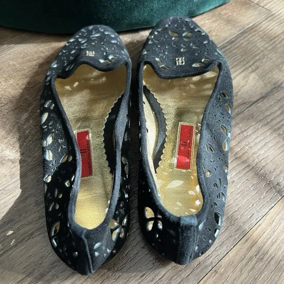 CH Carolina Herrera Black Laser Cut Suede Flats Size 37 US 6.5