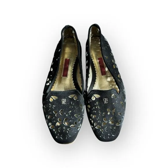CH Carolina Herrera Black Laser Cut Suede Flats Size 37 US 6.5