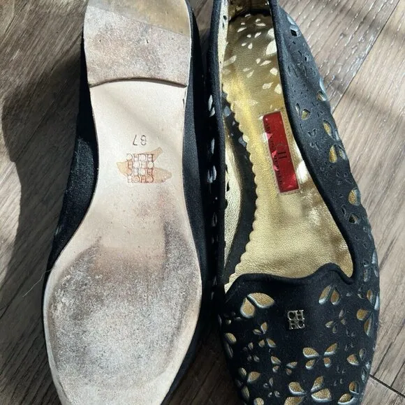 CH Carolina Herrera Black Laser Cut Suede Flats Size 37 US 6.5