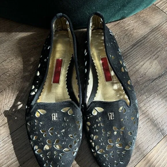 CH Carolina Herrera Black Laser Cut Suede Flats Size 37 US 6.5