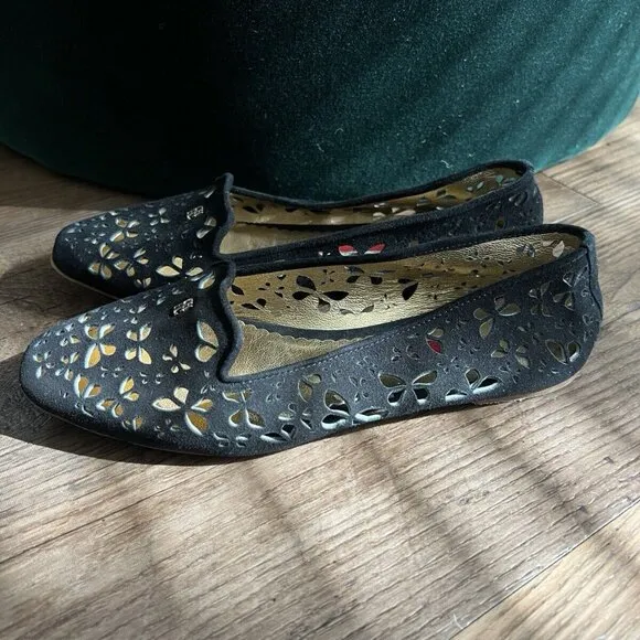 CH Carolina Herrera Black Laser Cut Suede Flats Size 37 US 6.5