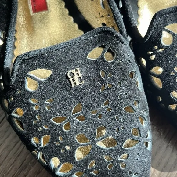 CH Carolina Herrera Black Laser Cut Suede Flats Size 37 US 6.5