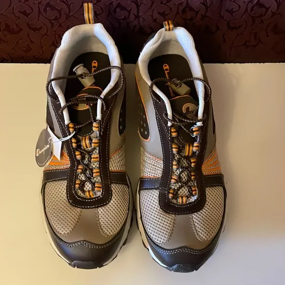 CHAMPION:NIB, Men’s Size 9.5 brown/orange non-skid sole sneakers.