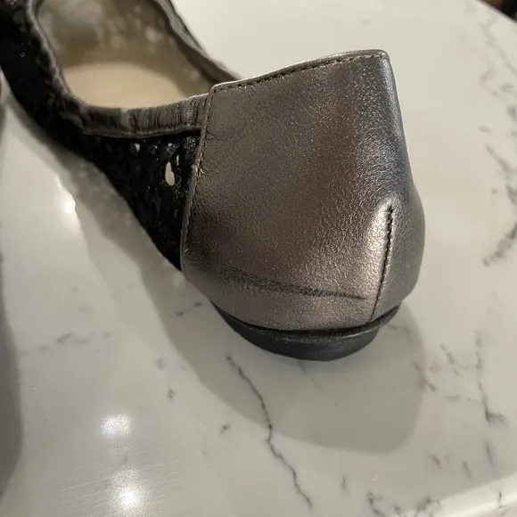 Chanel Black/Anthracite Metallic Leather Lace Pearl CC Logo Ballet Flats