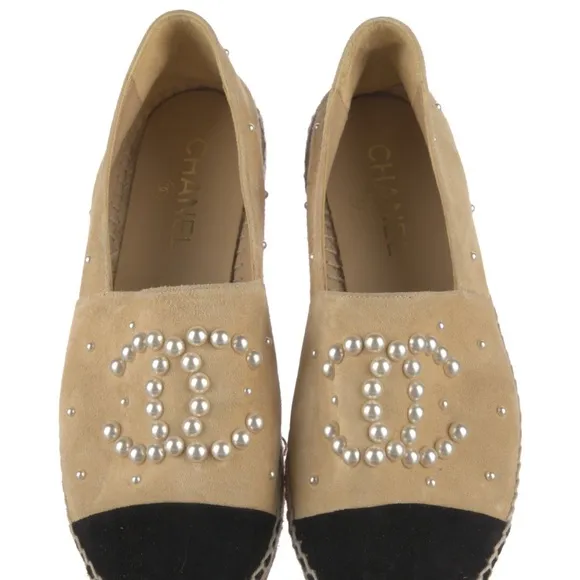 CHANEL Tan and Black Espadrille Shoes