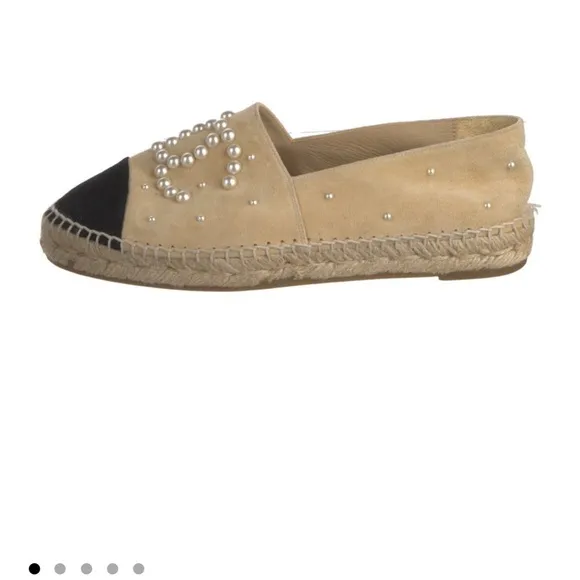 CHANEL Tan and Black Espadrille Shoes