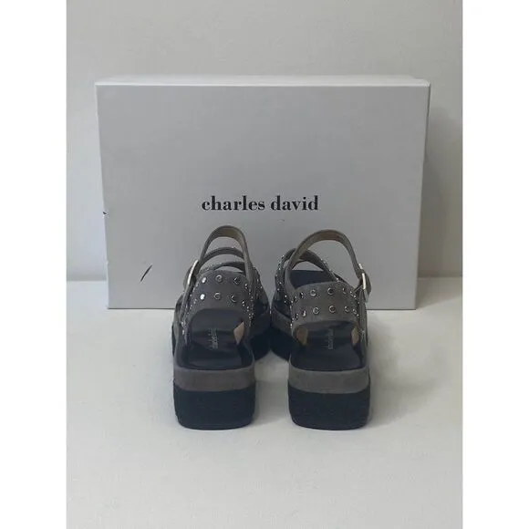 Charles David $219 Madeira Espadrille Platform Sandals 5.5 Black Gray Women's