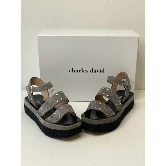 Charles David $219 Madeira Espadrille Platform Sandals 5.5 Black Gray Women's